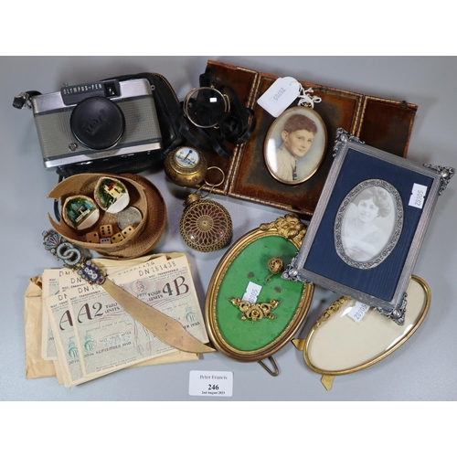 246 - Box of oddments to include: Olympus-pen camera, miniature dagger with mosaic decoration, portrait mi... 