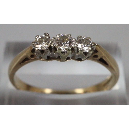 249 - 9ct gold three stone diamond ring.  Size P.  2.3g approx.  (B.P. 21% + VAT)