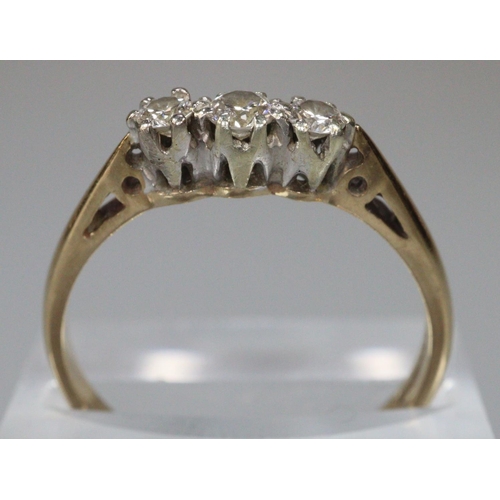 249 - 9ct gold three stone diamond ring.  Size P.  2.3g approx.  (B.P. 21% + VAT)