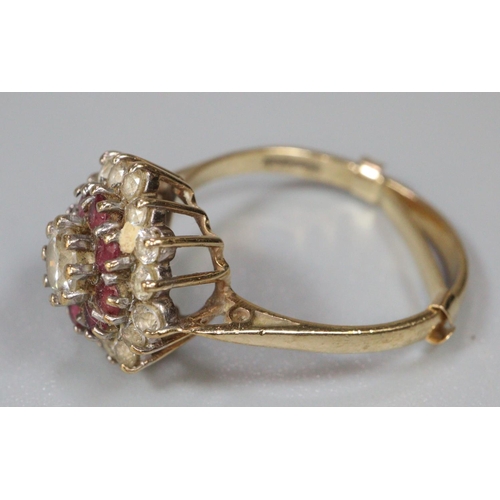 250 - Yellow metal white and red stone cluster ring.  (B.P. 21% + VAT)