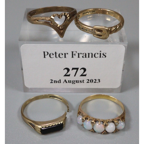 272 - Collection of four 9ct gold rings, one with opal stones.  6.8g approx.  (B.P. 21% + VAT)