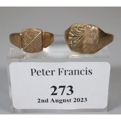 273 - Two 9ct gold signet rings.  3.8g approx.  (B.P. 21% + VAT)