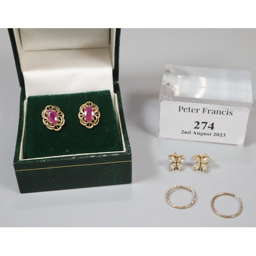 274 - Pair of 9ct gold and red stone earrings together with pair of small hoop earrings and another pair o... 