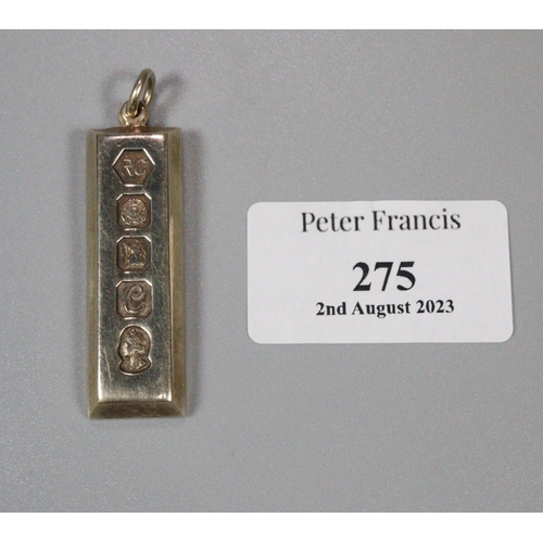 275 - Silver 1oz pendant ingot.  (B.P. 21% + VAT)