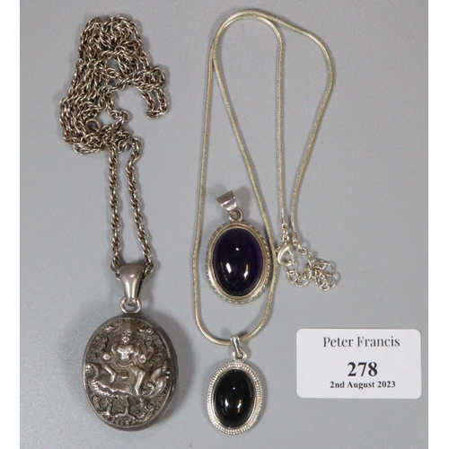 278 - White metal, possibly Thai or Indian locket on chain together with another pendant on chain and cabo... 