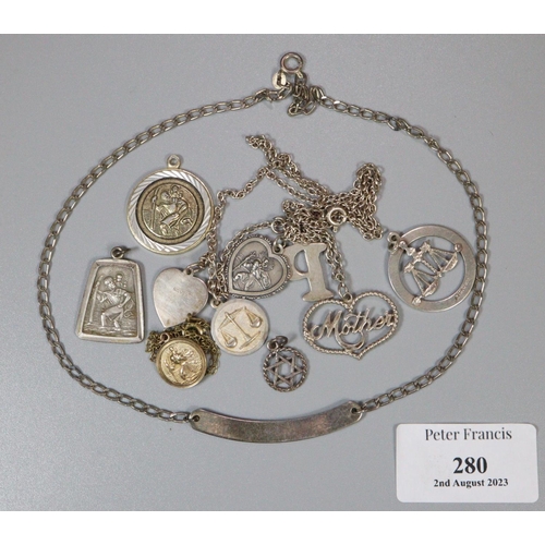 280 - Bag of silver to include: St Christopher pendants, chains, heart charms etc.  (B.P. 21% + VAT)