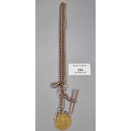 284 - 9ct gold curb link T bar chain with gold Guinea coin.  44.5g approx.  (B.P. 21% + VAT)