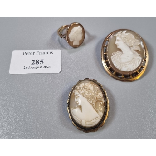 285 - 9ct gold cameo brooch together with another cameo brooch and a 9ct gold cameo ring.  (B.P. 21% + VAT... 