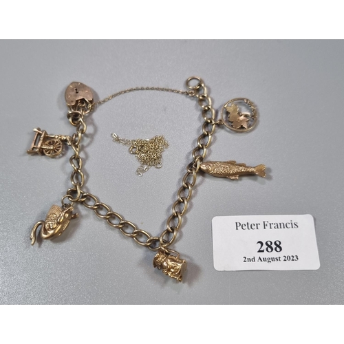 288 - 9ct gold charm bracelet, to include: heart shaped padlock, spinning wheel, fish, bird etc.  23g appr...