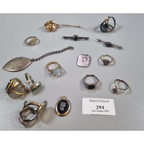 294 - Bag of assorted silver and other dress rings, brooch, hardstone pendant, 9th Lancers silver tag etc.... 