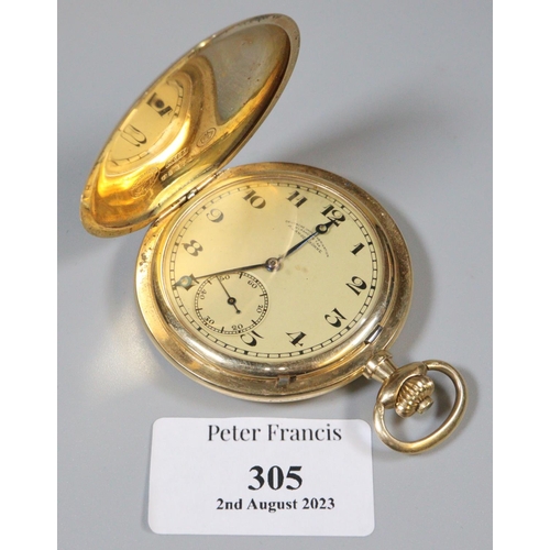 305 - 14ct gold German full Hunter slim keyless  pocket watch, having Arabic face with seconds dial, marke...