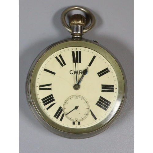 309 - GWR (Great Western Railway), nickel keyless lever Railway Man's watch with Roman face having seconds... 