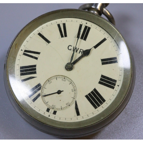 309 - GWR (Great Western Railway), nickel keyless lever Railway Man's watch with Roman face having seconds... 