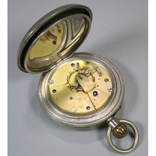 309 - GWR (Great Western Railway), nickel keyless lever Railway Man's watch with Roman face having seconds... 