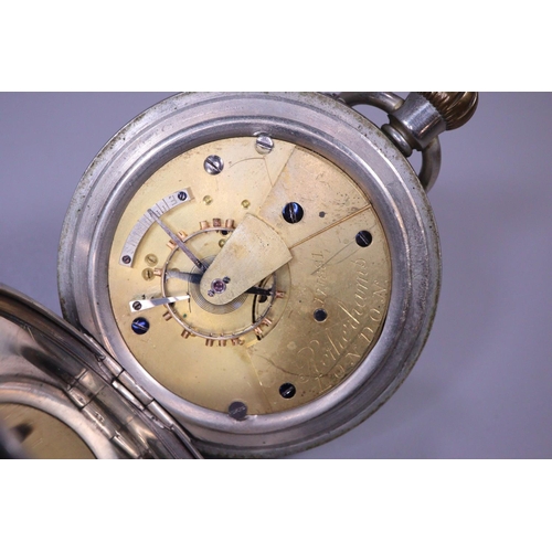 309 - GWR (Great Western Railway), nickel keyless lever Railway Man's watch with Roman face having seconds... 