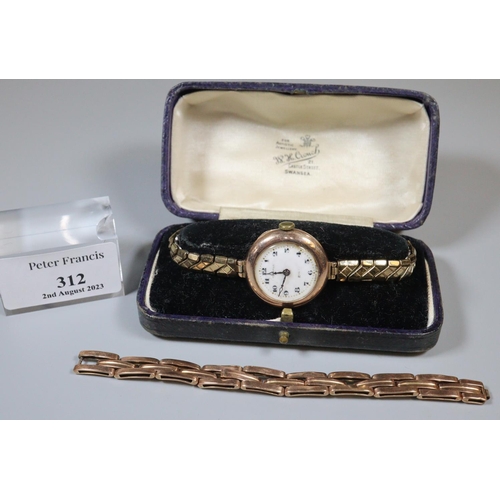 312 - Vintage 9ct gold ladies wristwatch with Arabic enamel face and plated bracelet together with a furth... 