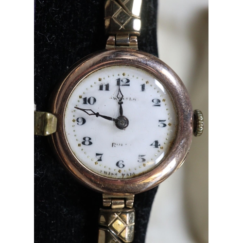 312 - Vintage 9ct gold ladies wristwatch with Arabic enamel face and plated bracelet together with a furth... 