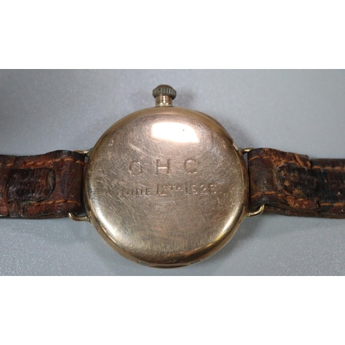 314 - Vintage Waltham gold wristwatch with Roman face having seconds dial, on a leather strap.  Total weig... 