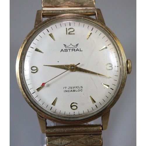 315 - Astral 9ct gold gents wristwatch  with Arabic and Baton numerals to the satin face and sweep seconds... 