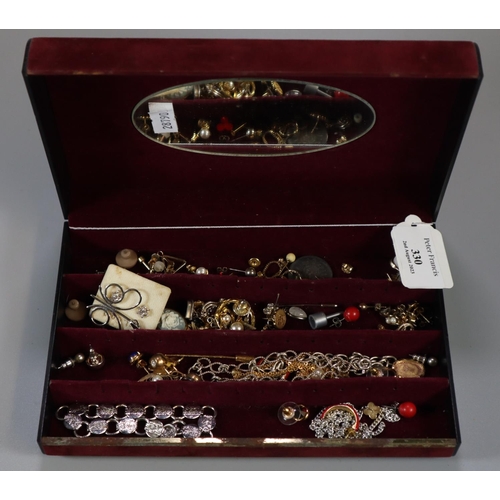 330 - Jewellery box comprising a large collection of earrings, varying designs, stickpin, small brooches e... 