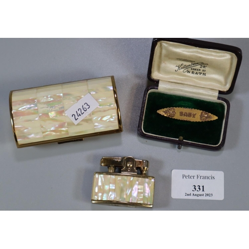 331 - Vintage mother of pearl Ronson lighter together with a mother of Pearl lipstick box together with a ... 