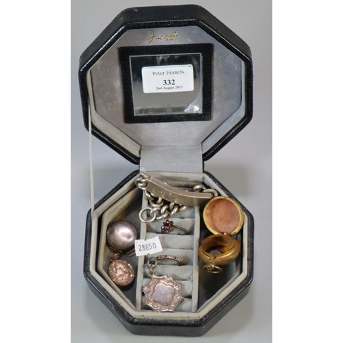 332 - Leather jewellery box comprising assorted items including: a brass single sovereign holder, silver c... 