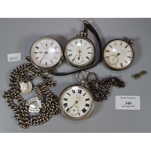 340 - Collection of four silver pocket watches, one marked 'Graves, Sheffield', one 'Yewdall, Leeds' toget... 