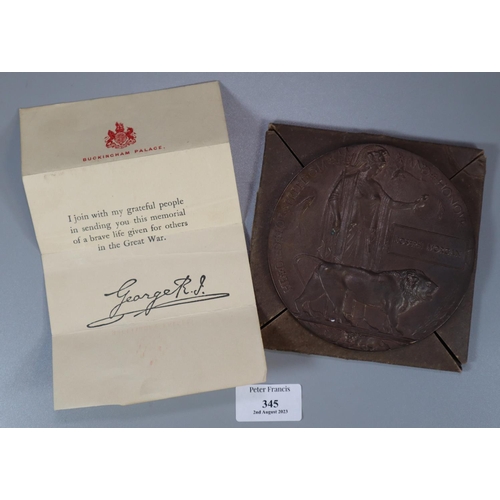 345 - WW1 bronze Death Penny/plaque for Joseph Morgan with printed certificate from George V in envelope c... 