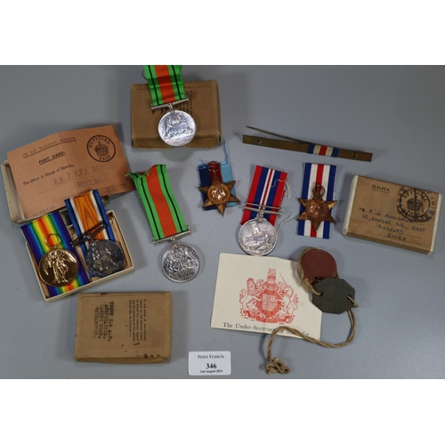 346 - Collection of WWI and WWII medals for 'G F Allcock' and P W Allcock' (father and son?), to include: ... 