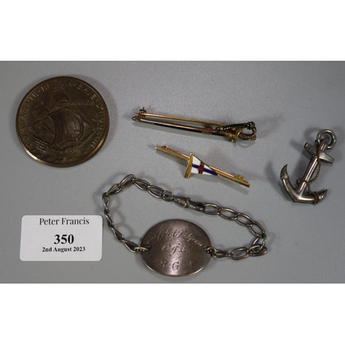 350 - Collection of Naval interest items to include: Royal Navy Officer's miniature sword silver gilt broo... 