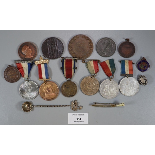 354 - Plastic box of assorted medals, medallions etc, to include: The King's Medal 1919-20, Littleborough ... 