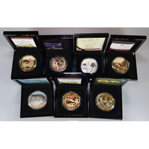 355 - Box of assorted coins to include: The Great War 1914-18 five Crown coin, Lest We Forget five Crown c... 