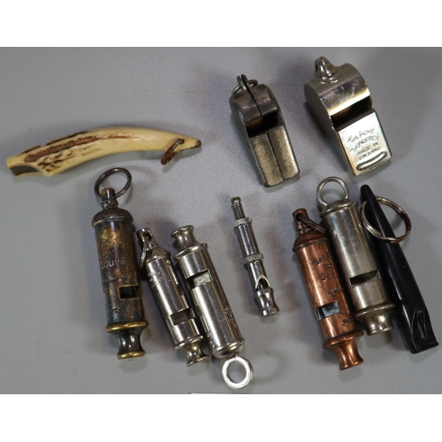 358 - Collection of whistles to include: Thunderer, Boy Scouts, dog whistle, Hudson two piece, Escargot wh... 