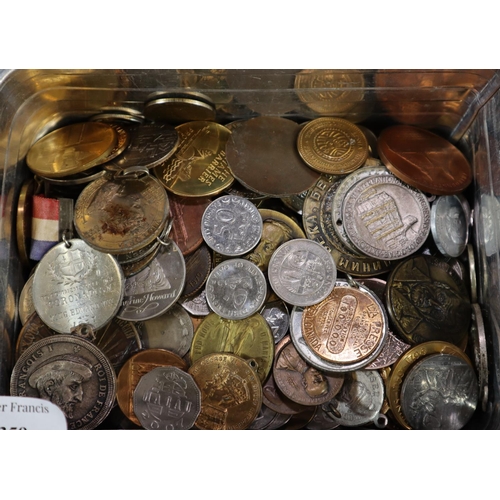 359 - Aluminium sandwich box containing assorted medallions, coronation Medals. Jubilee Medals, odd coins ... 