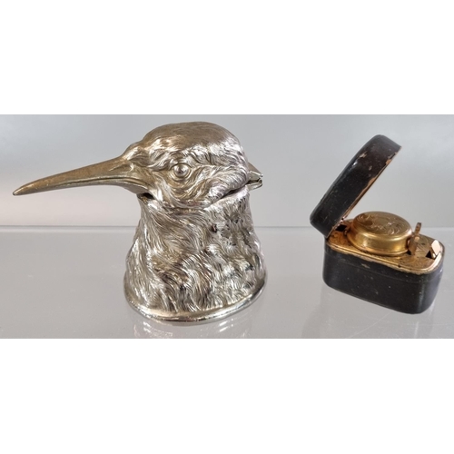 44 - Silver plated hummingbird head inkwell with original liner and an antique portable travel inkwell wi... 