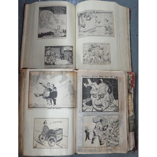 452 - Six half leather and cloth bound ledgers/scrap books containing newspaper cut outs of cartoons, 1940... 