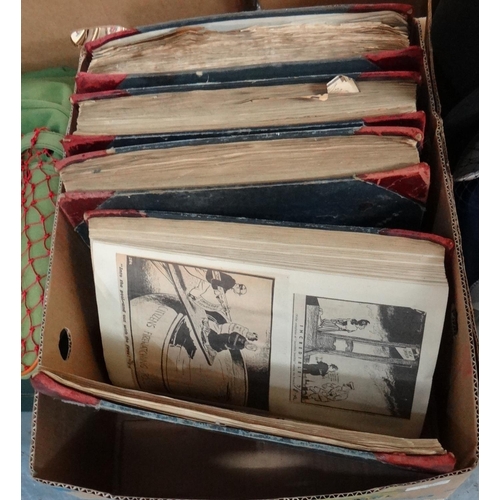 452 - Six half leather and cloth bound ledgers/scrap books containing newspaper cut outs of cartoons, 1940... 