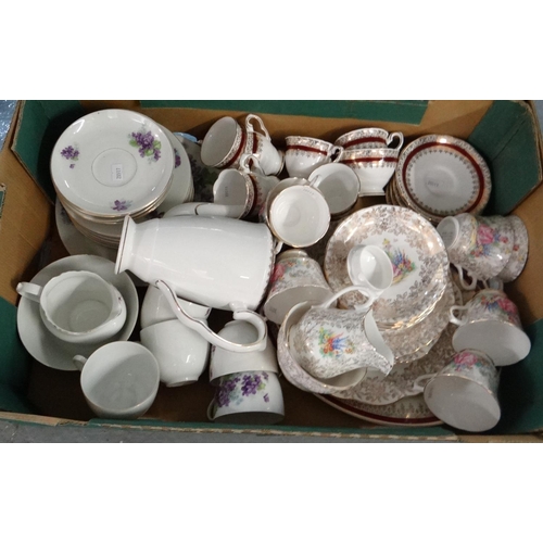 466 - Box of assorted china: Czechoslovakian Victoria 'Violet' pattern part tea ware, Salisbury dark red a... 