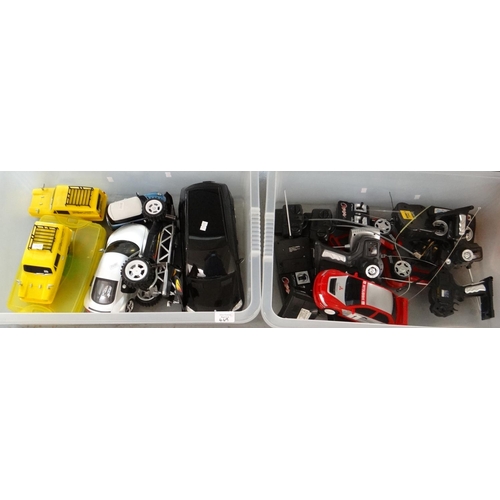 469 - Two boxes of modern remote control cars and vehicles with accessories, Only Fools and Horses three w... 