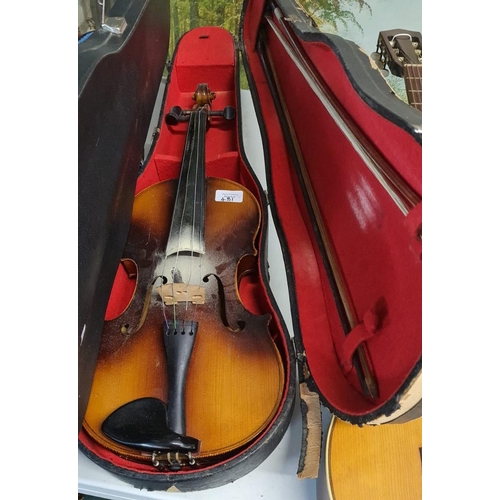 481 - Acoustic guitar (no strings) together with  two student violins in hard cases.  (3)  (B.P. 21% + VAT... 