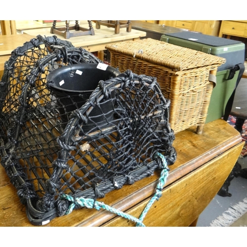 556 - Modern plastic fishing tackle box together with a wicker box/creel and a crab and lobster pot. (3)  ... 