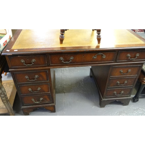 574 - Reproduction mahogany leather top twin pedestal knee hole desk.  (B.P. 21% + VAT)