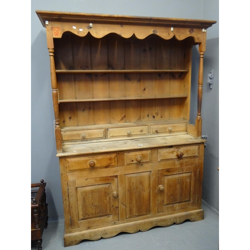 592 - 19th century style stripped pine canopy top rack back dresser with two shelves, three spice drawers ... 