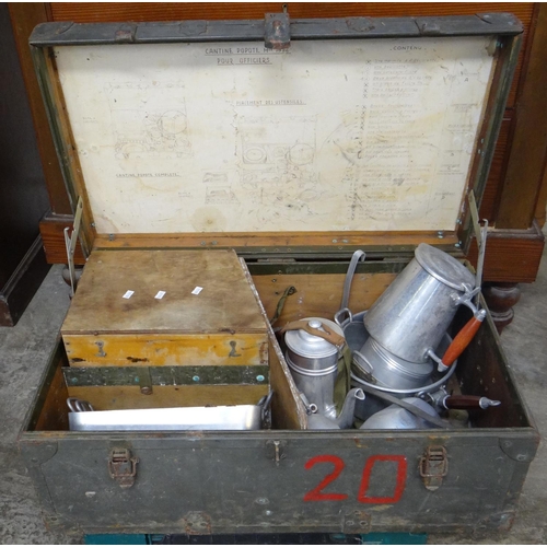 603 - Vintage French Army trunk containing a collection of aluminium cooking utensils.   (B.P. 21% + VAT)