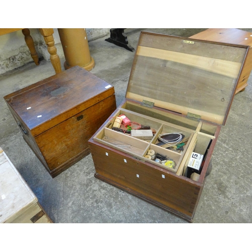 604 - 19th century pine box with inset escutcheon and loop handles together with  a later  teak workbox wi... 