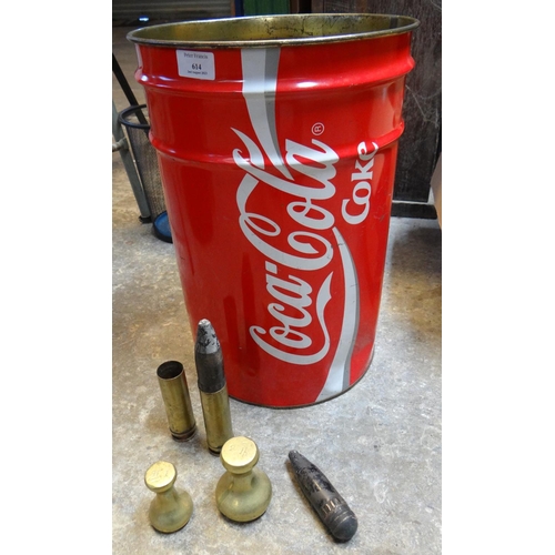 614 - Coco Cola metal waste paper bin containing assorted brass weights, cast iron weights etc.  (B.P. 21%... 