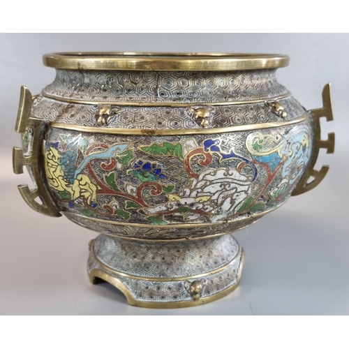 65 - Late 19th/early 20th Century oriental champleve enamel jardiniere depicting fo dogs and other creatu... 