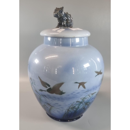 66 - Sylvac ware Lucknow baluster lidded vase decorated with ducks in flight and having grotesque mythica... 