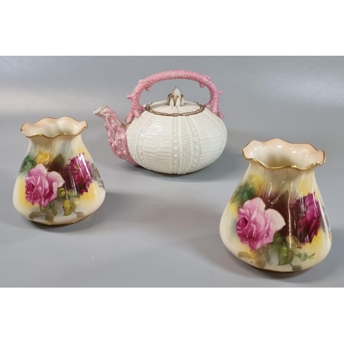 8 - Pair of Royal Worcester G957 rose vases, together with a Belleek Irish porcelain coral relief decora... 