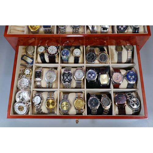 204 - Walnut finish watch box containing a collection of assorted gents wristwatches: Chronograph, Seiko, ... 